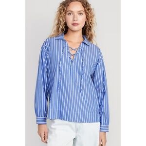 Old Navy Long Sleeve Tie Front Notch Collar Shirt Blue & White Size L